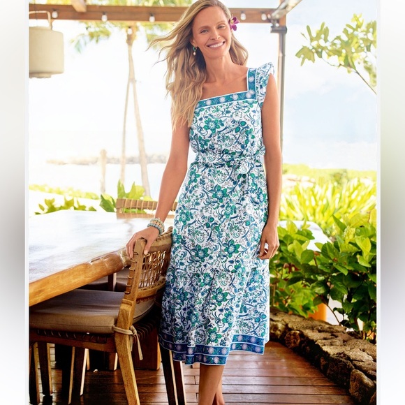 Talbots Blue and White Floral Square Neck Midi Dress Flutter Sleeves -NWT- 14P - Picture 1 of 11